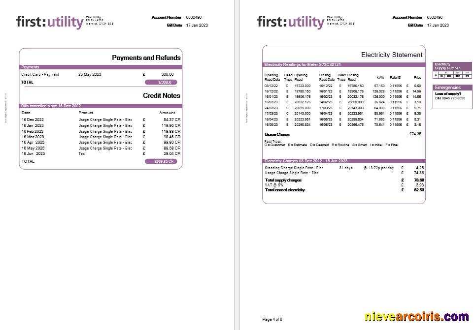 United Kingdom First Gas And Electricity Utility Bill In Word And PDF Formats, 6 Pages. Photolook