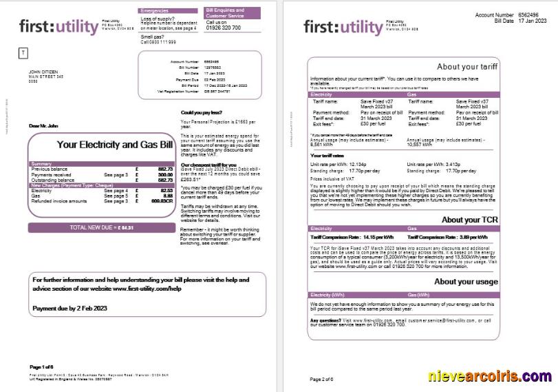United Kingdom First Gas And Electricity Utility Bill In Word And PDF Formats, 6 Pages Template