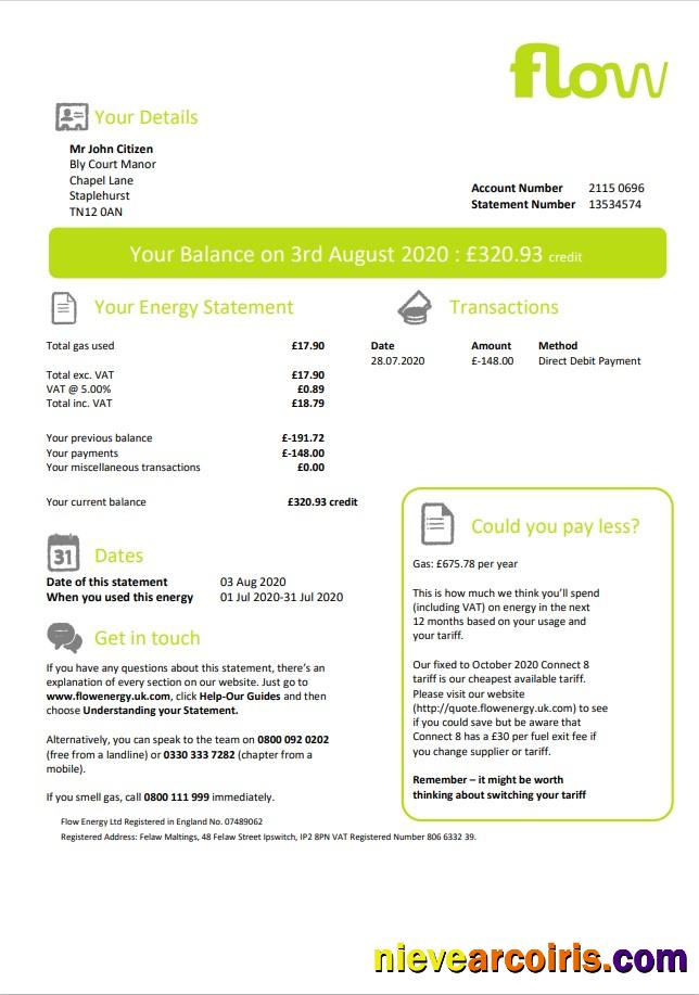 Professional United Kingdom Flow Energy Utility Bill Template In Word And PDF Format