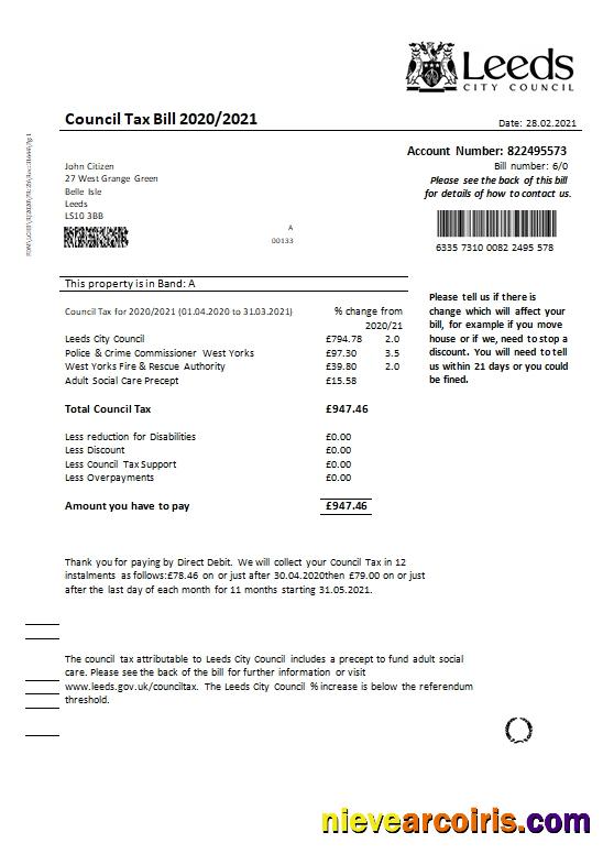 Professional United Kingdom Leeds City Council Tax Bill Template In Word And PDF Format