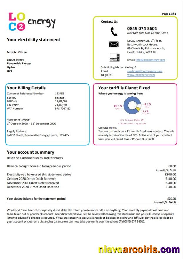 Premium United Kingdom LoCO2 Energy Utility Bill Template In Word And PDF Format