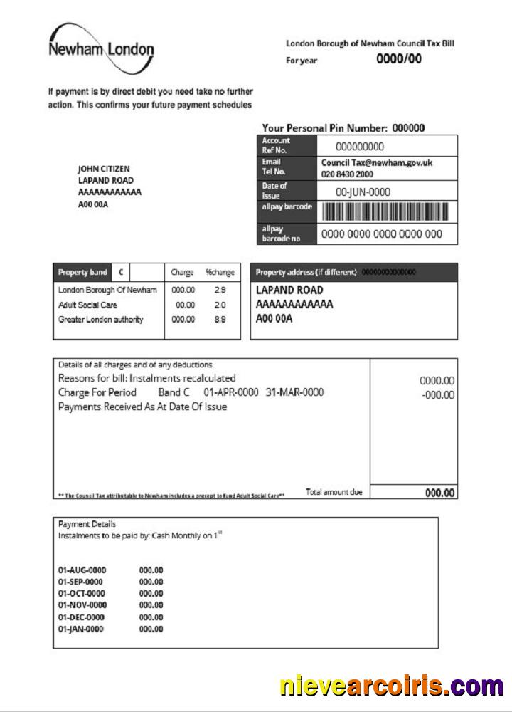 Realistic United Kingdom London Of Borough Of Newham Council Tax Bill Template In Word And PDF Format