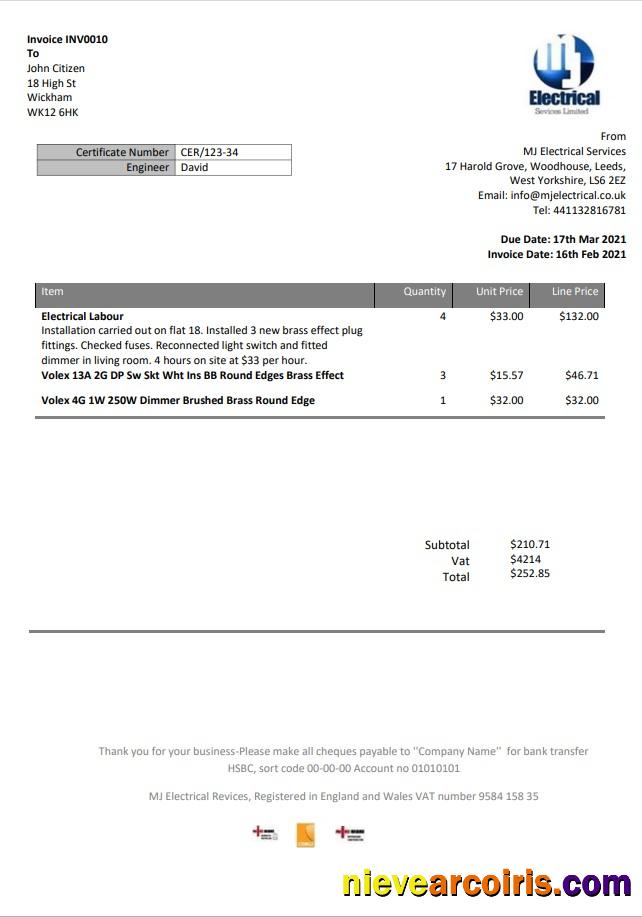 Professional United Kingdom MJ Electrical Proof Of Address Utility Bill Template In Word And PDF Format