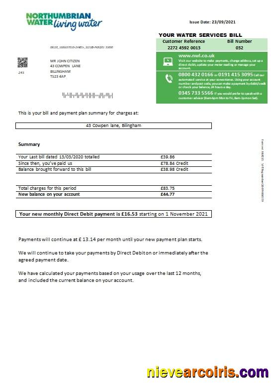 Realistic United Kingdom Northumbrian Water Utility Bill Template In Word And PDF Format, Version 1