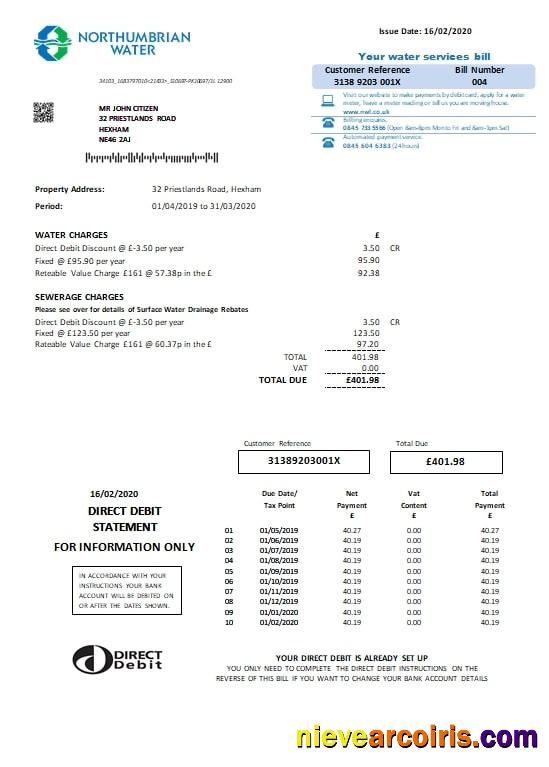 Editable United Kingdom Northumbrian Water Utility Bill Template In Word And PDF Format, Version 2