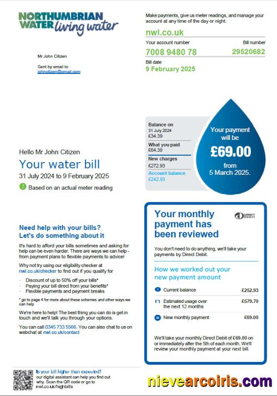 Editable United Kingdom Northumbrian Water Utility Bill Template In Word And PDF Formats, Version 2