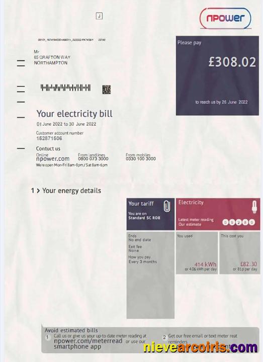 United Kingdom Npower Electricity Bill In PSD Format Template