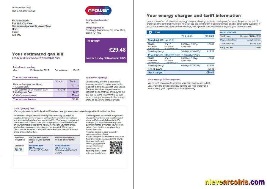 Editable United Kingdom Npower Utility Bill Template In Word And PDF Formats, 3 Pages, 1 2 Page
