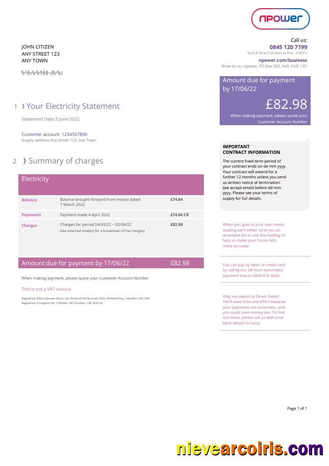 Premium United Kingdom Npower Utility Bill, Word And PDF Template