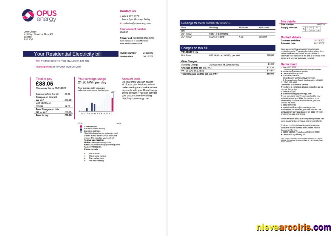 Professional United Kingdom Opus Energy Electricity Utility Bill Template In Word And PDF Format (2 Pages)