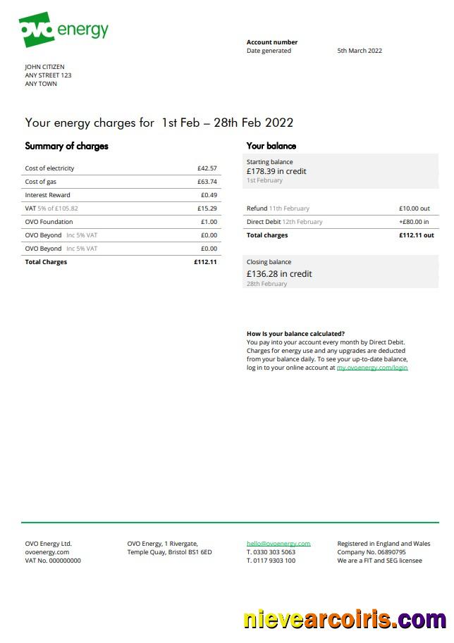Premium United Kingdom Ovo Energy Electricity Bill, Word And PDF Template