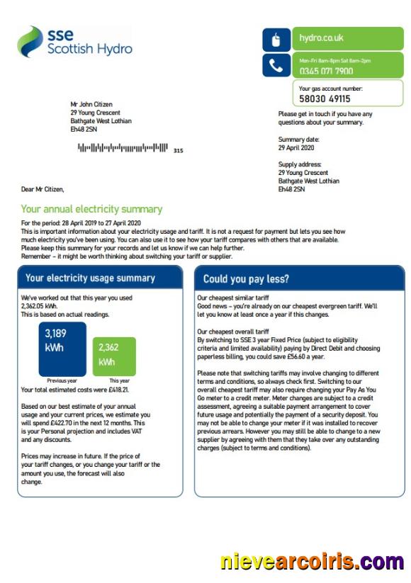 Editable United Kingdom SSE Energy Utility Bill Template In Word And PDF Format, Version 2