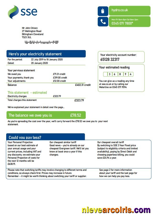 Premium United Kingdom SSE Energy Utility Bill Template In Word And PDF Format, Version 3
