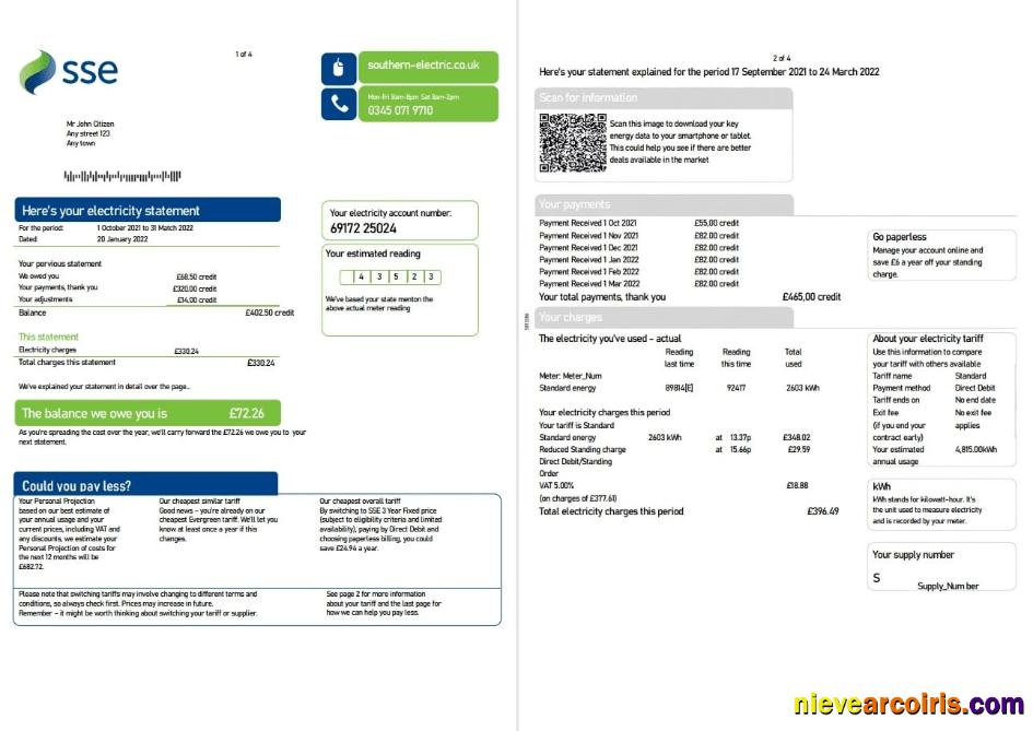 Realistic United Kingdom SSE Energy Utility Bill, Word And PDF Template, 4 Pages 1 2