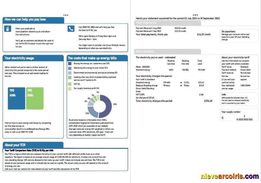 Professional United Kingdom SSE Energy Utility Bill, Word And PDF Template, 4 Pages 3 4