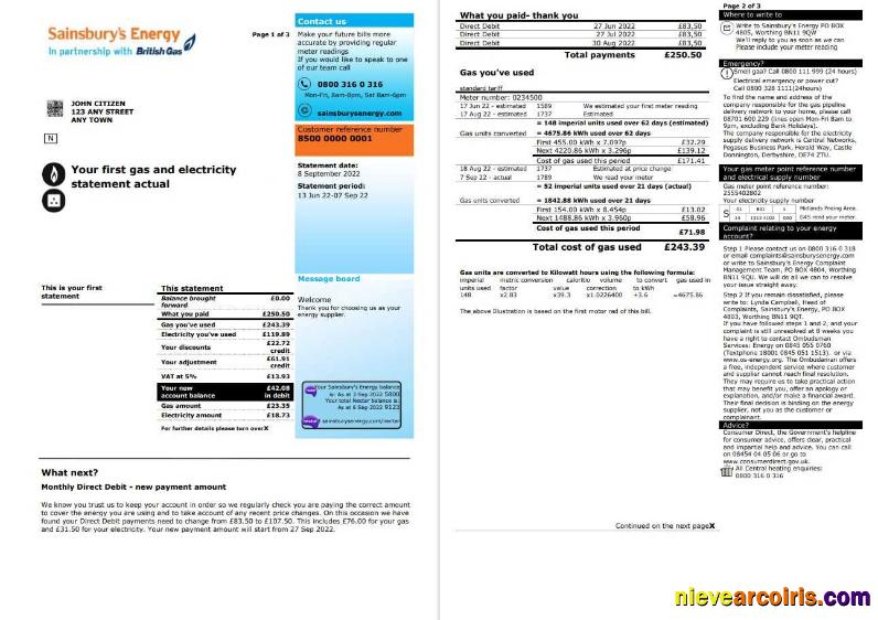 Professional United Kingdom Sainsbury’s Energy (British Gas) Bill, Word And PDF Template, 3 Pages 1 2
