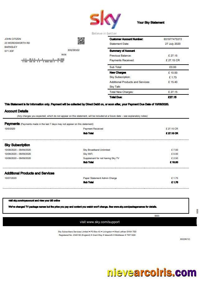 Professional United Kingdom Sky Utility Bill Statement Template In Word And PDF Format