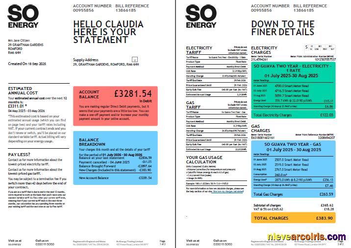 Realistic United Kingdom So Energy Utility Bill Template In Word And PDF Formats, 2 Pages, Version 2