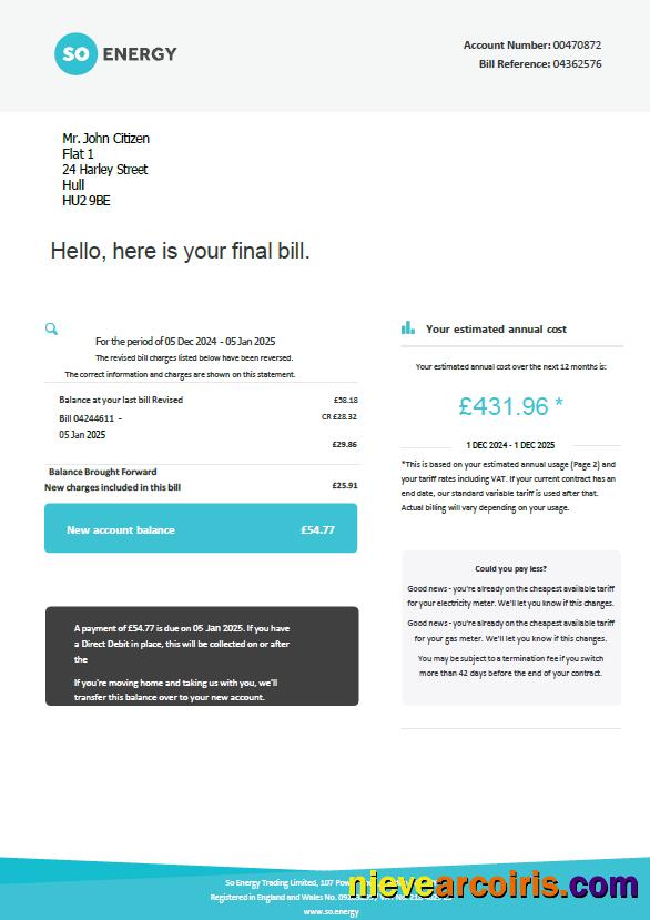 Professional United Kingdom So Energy Utility Bill Template In Word And PDF Formats