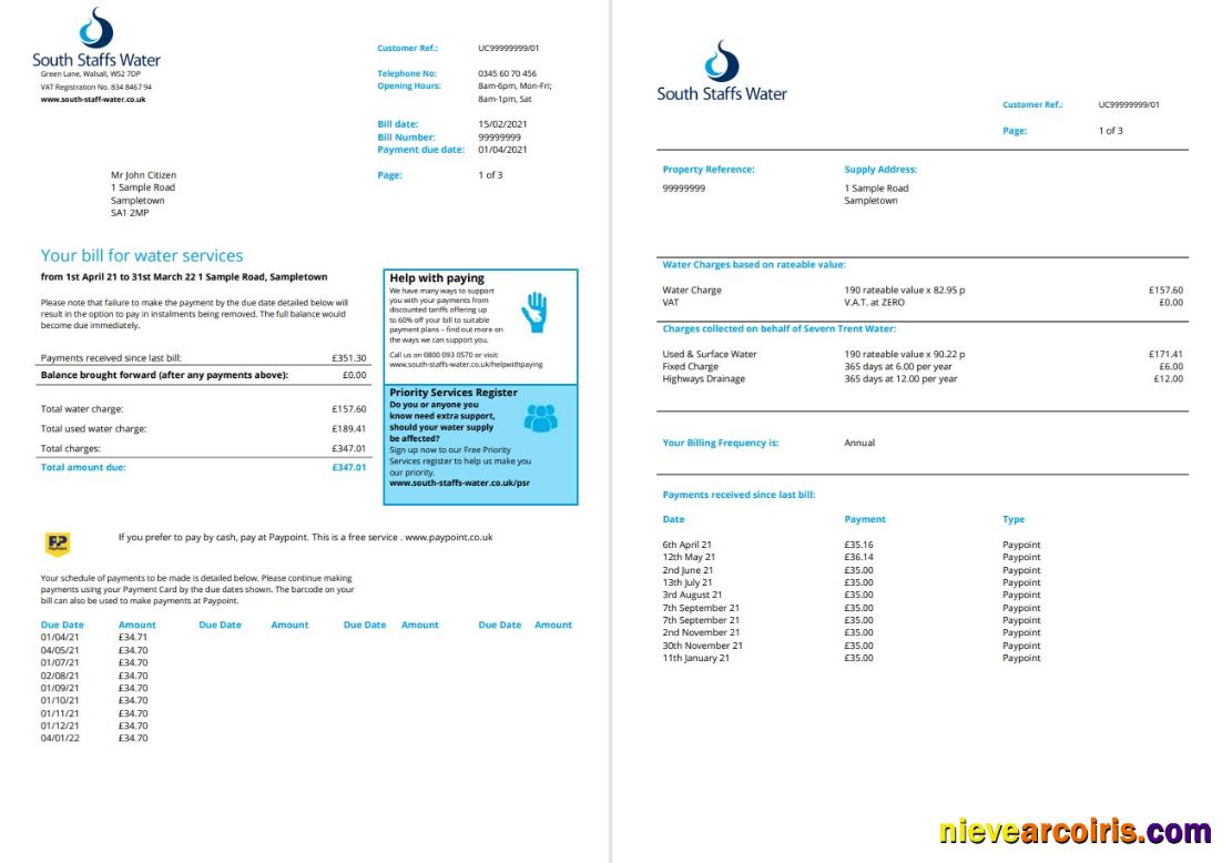 Premium United Kingdom South Staffs Water Utility Bill Template In Word And PDF Format, 2 Pages