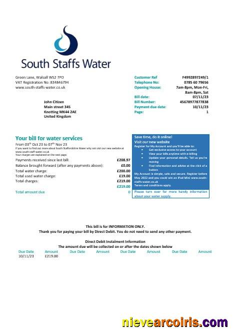 United Kingdom South Staffs Water Water Utility Bill Word And PDF Formats, Version 2 Preview