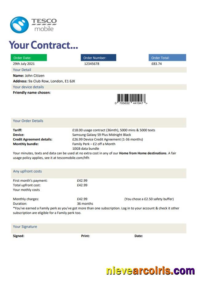 Editable United Kingdom Tesco Mobile Utility Bill Template In Word And PDF Format