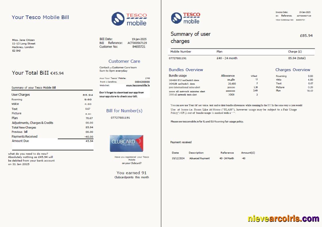 Editable United Kingdom Tesco Mobile Utility Bill Template In Word And PDF Formats, 2 Pages, Version 2