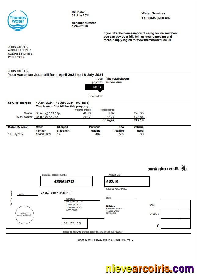 Professional United Kingdom Thames Water Utility Bill Template In Word And PDF Format