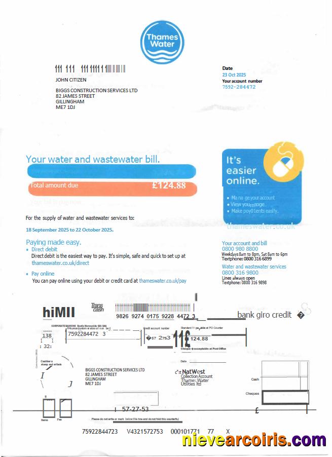 Realistic United Kingdom Thames Water Utility Bill Template In Word And PDF Formats, Version 2