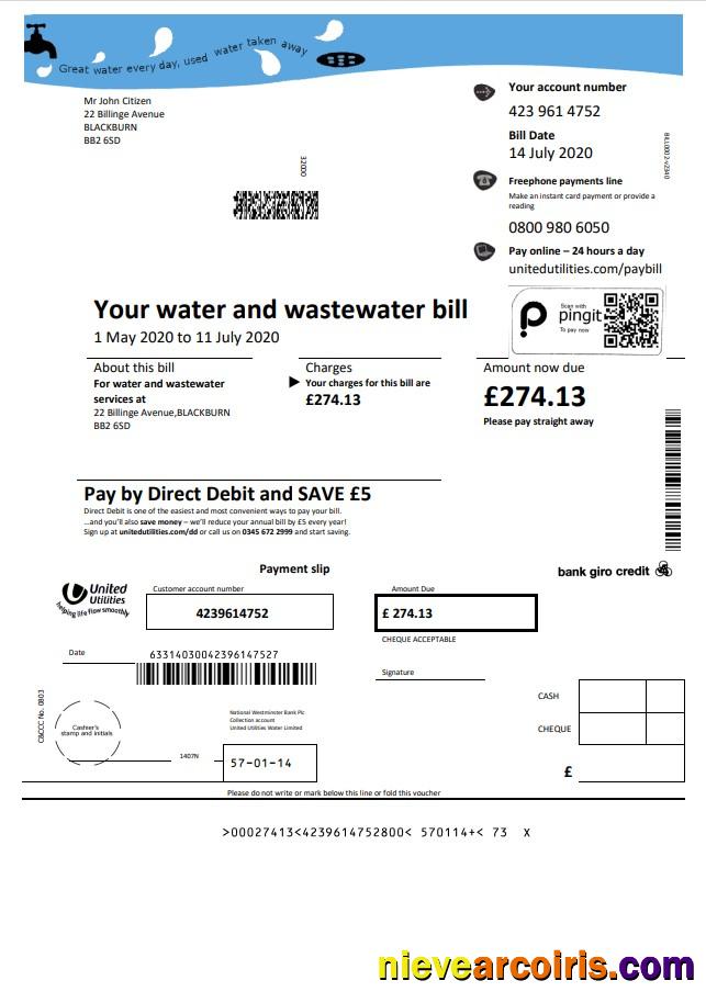 Editable United Kingdom United Utilities Water Utility Bill Template In Word And PDF Format