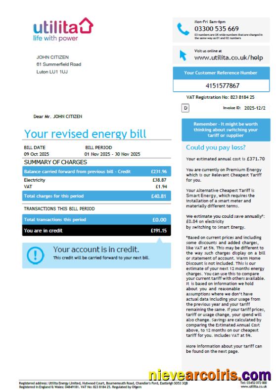 Professional United Kingdom Utilita Energy Utility Bill Template In Word And PDF Formats