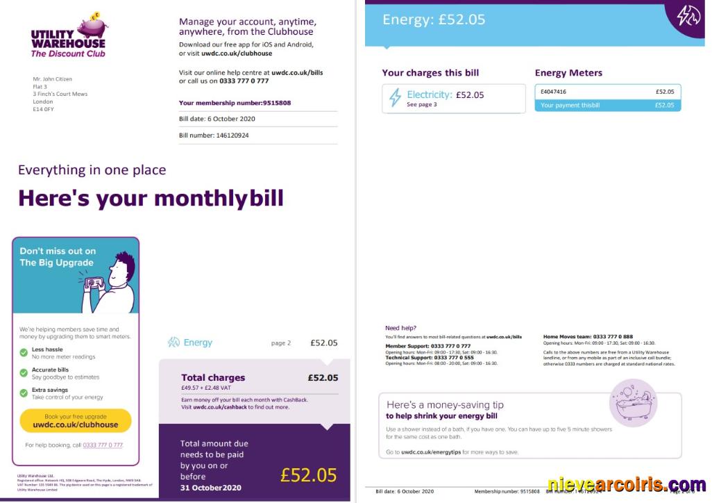 Editable United Kingdom Utility Warehouse Electricity Utility Bill Template In Word And PDF Format (6 Pages) 1 2
