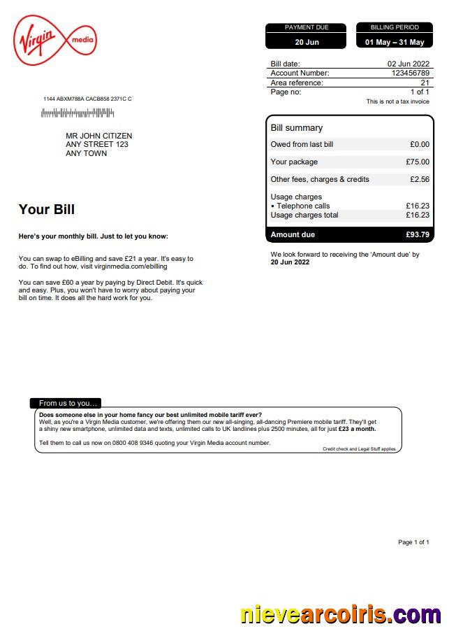 Editable United Kingdom Virgin Media Utility Bill, Word And PDF Template