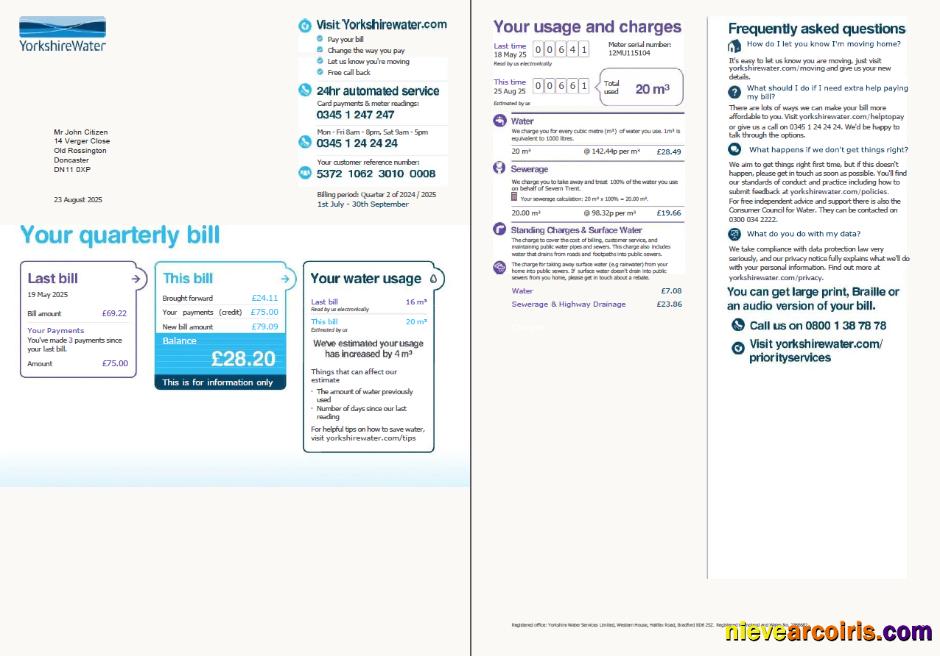 Editable United Kingdom Yorkshire Water Utility Bill Template In Word And PDF Formats, 2 Pages, Version 2