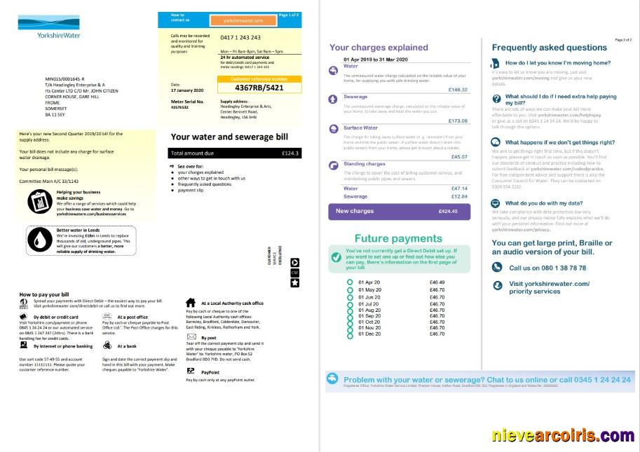 Editable United Kingdom Yorkshire Water Utility Bill Template In Word And PDF Format (2 Pages)