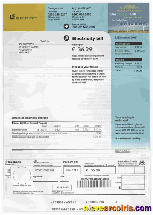 Premium United Kingdom Electricity Utility Bill Template In PSD Format