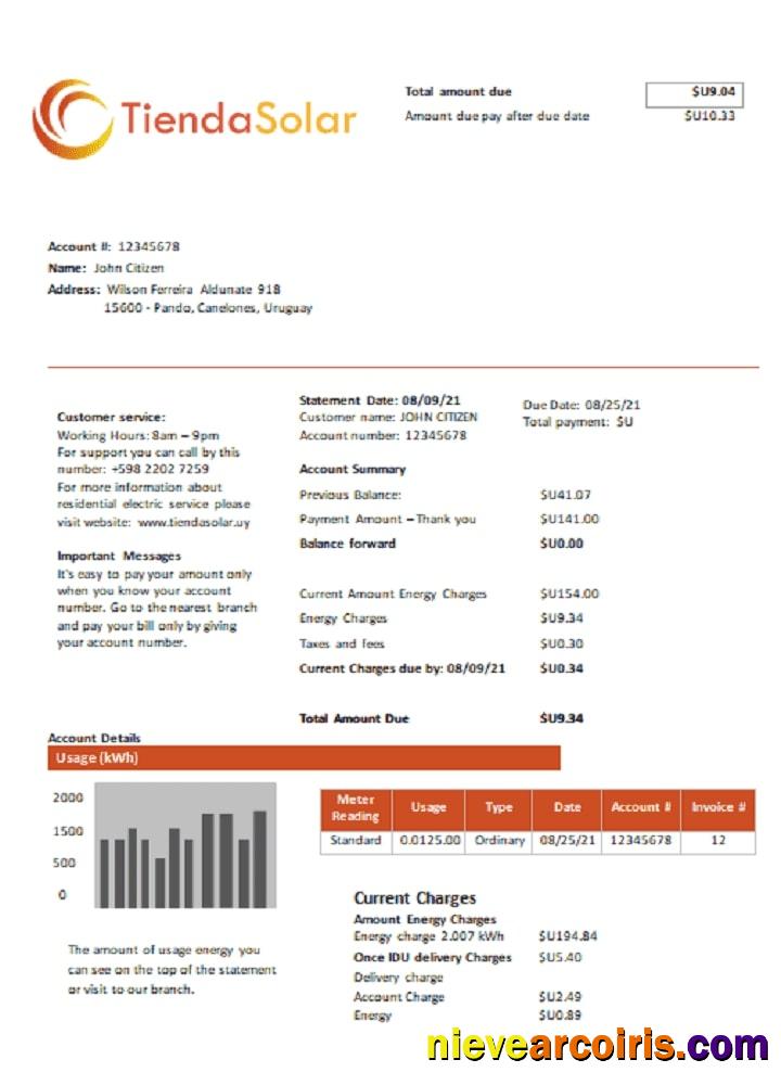 Editable Uruguay TiendaSolar Utility Bill Template In Word And PDF Format