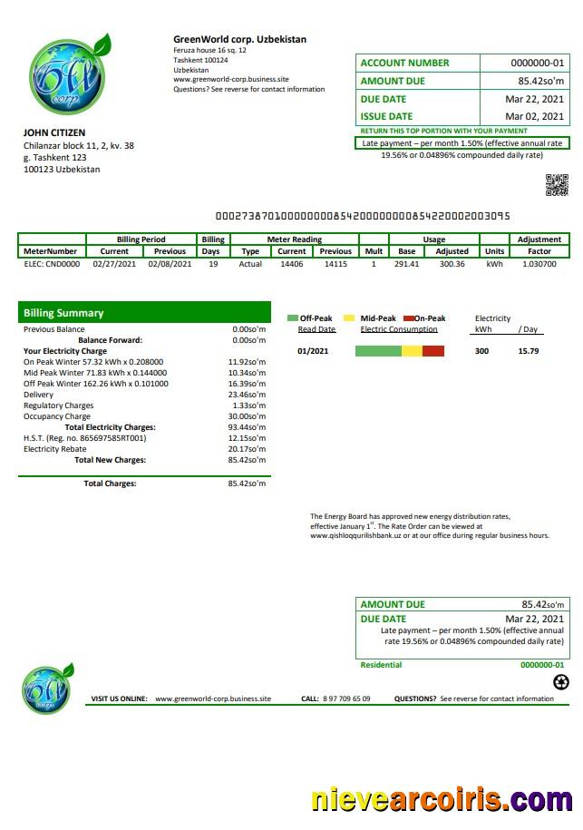 Premium Uzbekistan GreenWorld Utility Bill Template In Word And PDF (.doc And .pdf) Format, Fully Editable
