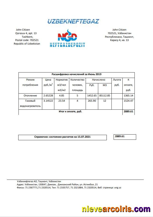 Realistic Uzbekistan NeftGaz Utility Bill Template In Word And PDF (.doc And .pdf) Format, Fully Editable