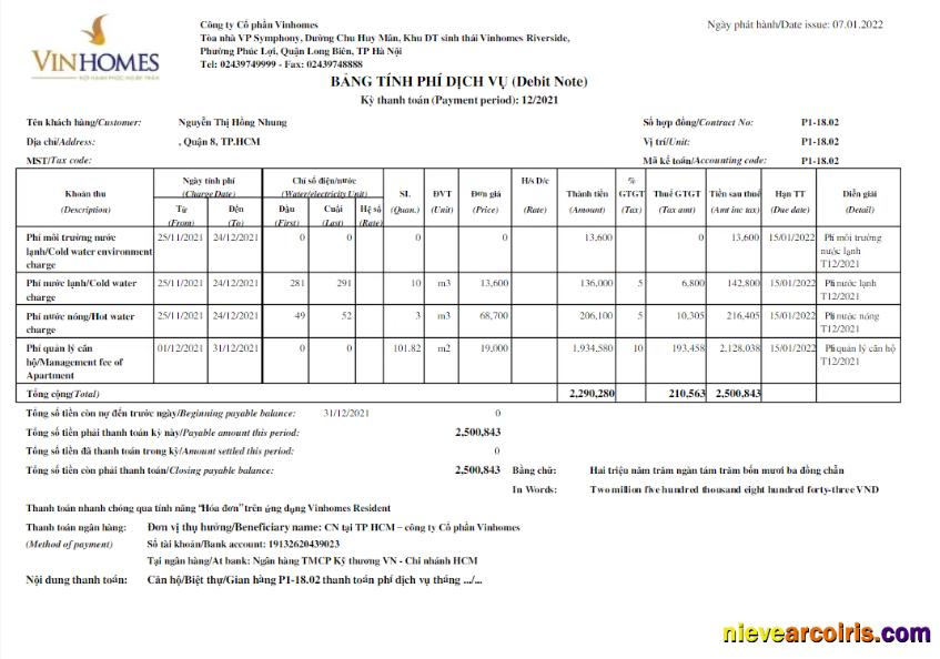 Premium VIETNAM VINHOMES Utility Bill Word And PDF Template