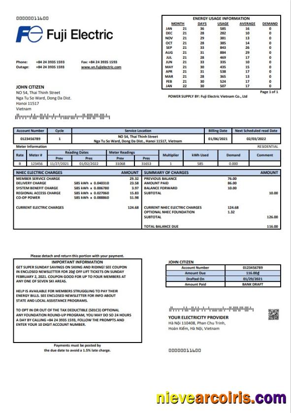 Realistic Vietnam Fuji Electric Vietnam Co. Utility Bill Template In Word Format