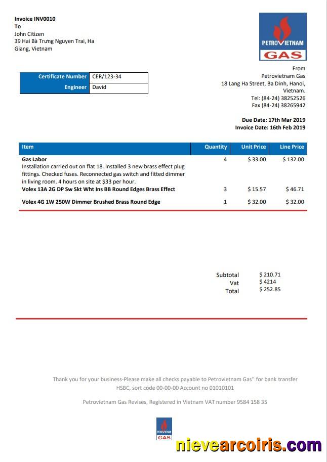 Editable Vietnam Petrovietnam Gas Utility Bill Template In Word And PDF Format